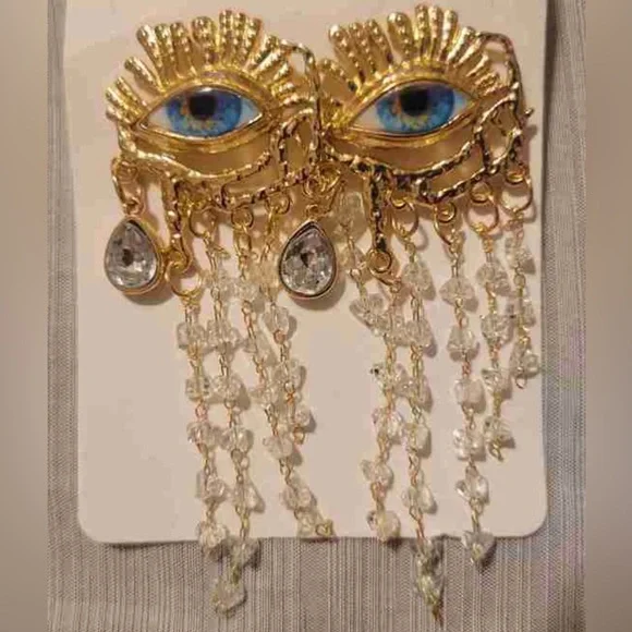 “Blue Eye Chandelier” Vivid Realism Cry Iris Tiered Crystal Tear Tassel Earrings - Picture 10 of 12